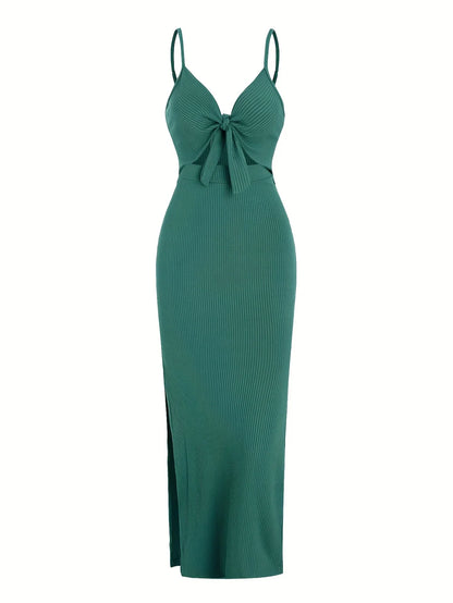 Europe and America Knit Simple Sleeveless Suspender Dress in Spring and Summer, Leaking Back and Sexy Long Skirt with Neck.